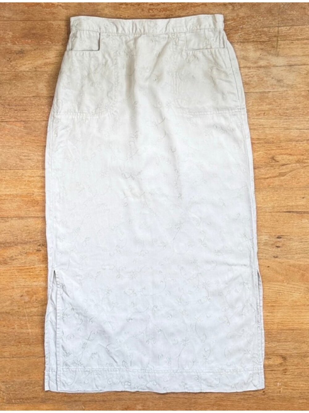 Vintage Floral Embroidered Tencel Khaki Maxi Skirt Size Medium 28-29" Waist